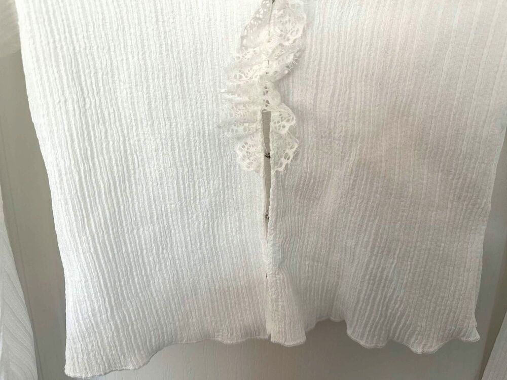 Commense White Ribbed Lace Trim Hook Front Long Sleeve Crop Top Small Boho Fairy - Picture 9 of 9